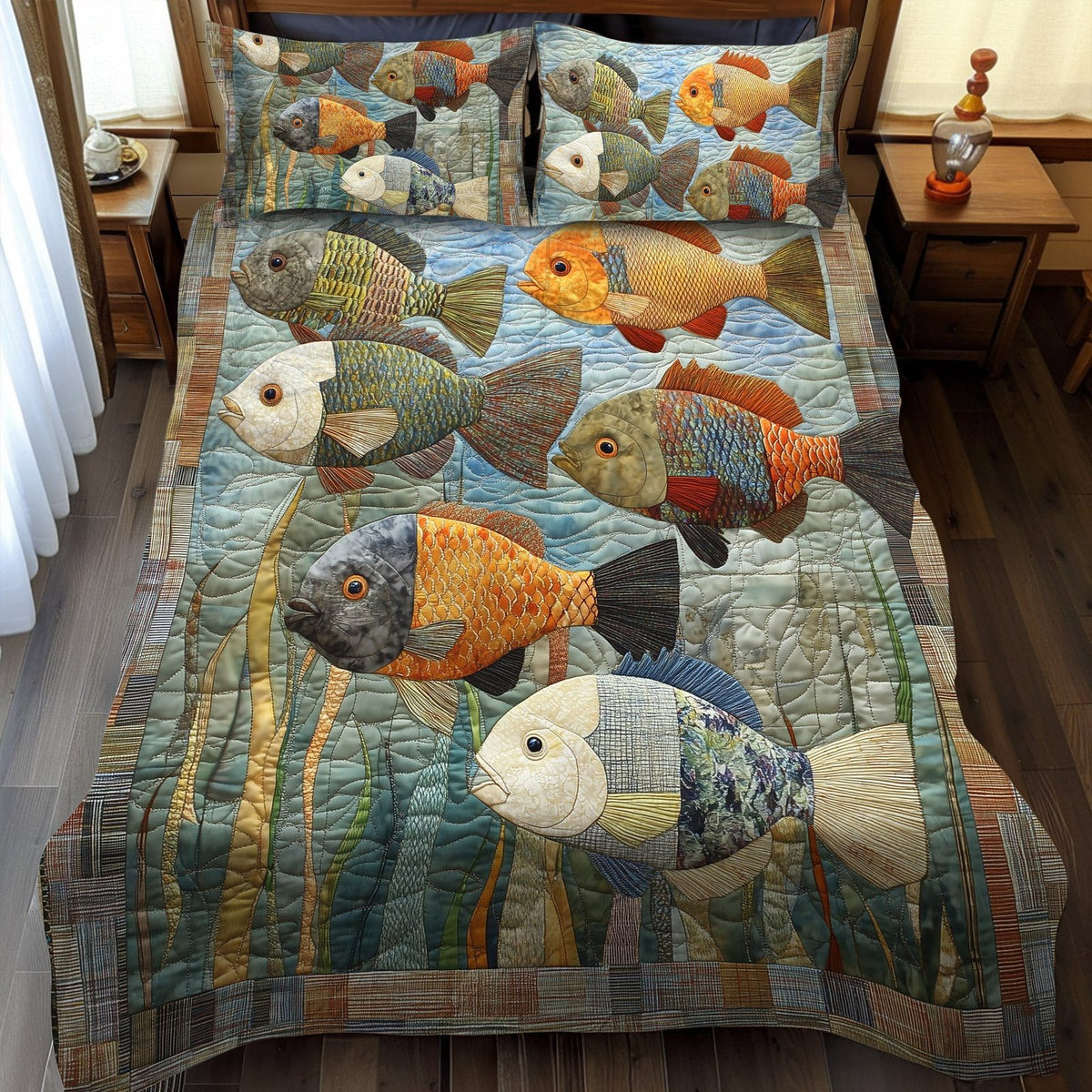 Freshwater Glow quilted 3-piece bedding set on a made bed with two matching pillow shams