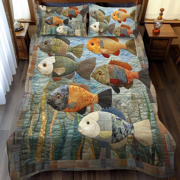 Freshwater Glow quilted 3-piece bedding set on a made bed with two matching pillow shams