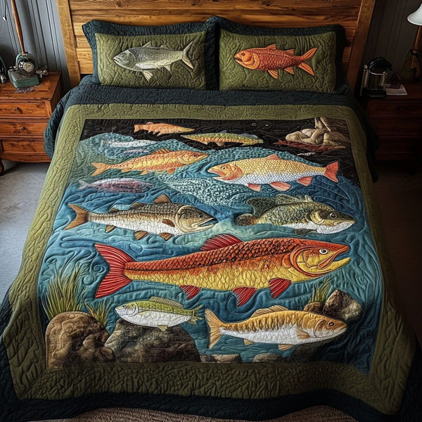 Freshwater Quest quilted 3-piece bedding set on a made bed with two matching pillow shams