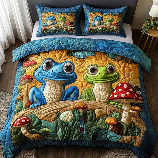 Friendly Frog Duo quilted 3-piece bedding set on a made bed with two matching pillow shams