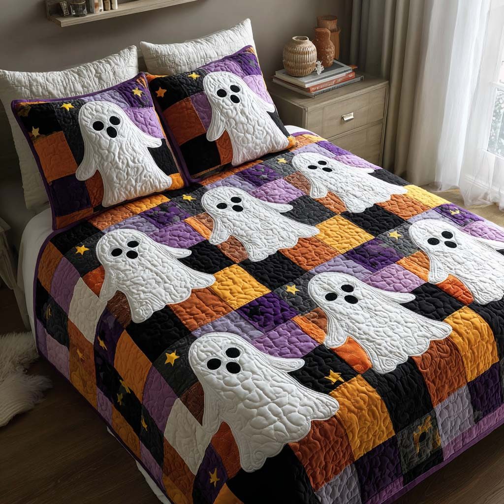 Friendly Ghosts quilted 3-piece bedding set on a made bed against a dark styled interior