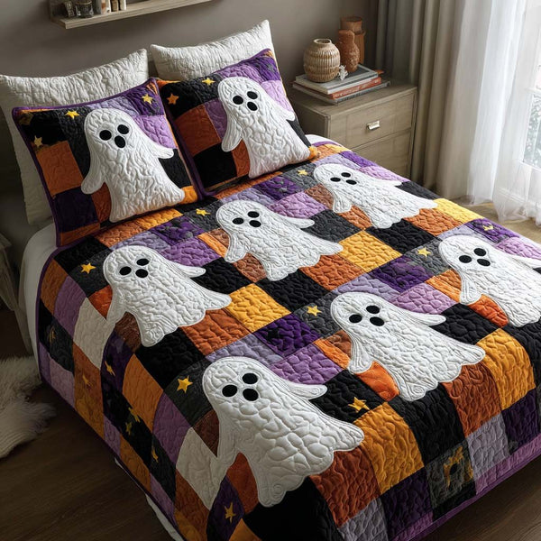 Friendly Ghosts quilted 3-piece bedding set on a made bed against a dark styled interior