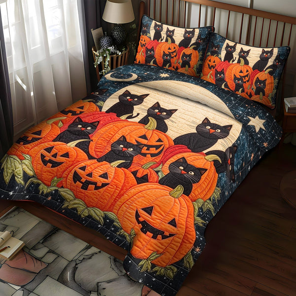 Fright Night Fun quilted 3-piece bedding set on a made bed against a dark styled interior