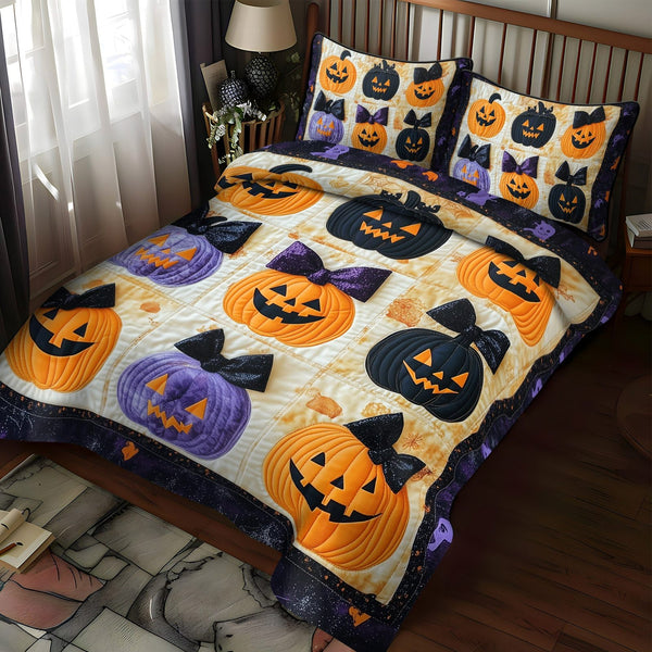 Fright Night quilted 3-piece bedding set on a made bed against a dark styled interior