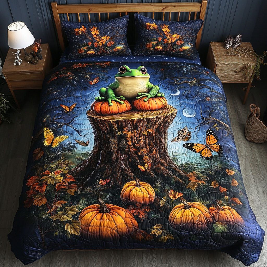 Frog Harmony quilted 3-piece bedding set on a made bed with two matching pillow shams