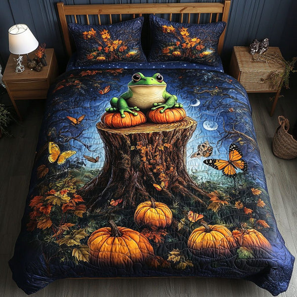 Frog Harmony quilted 3-piece bedding set on a made bed with two matching pillow shams