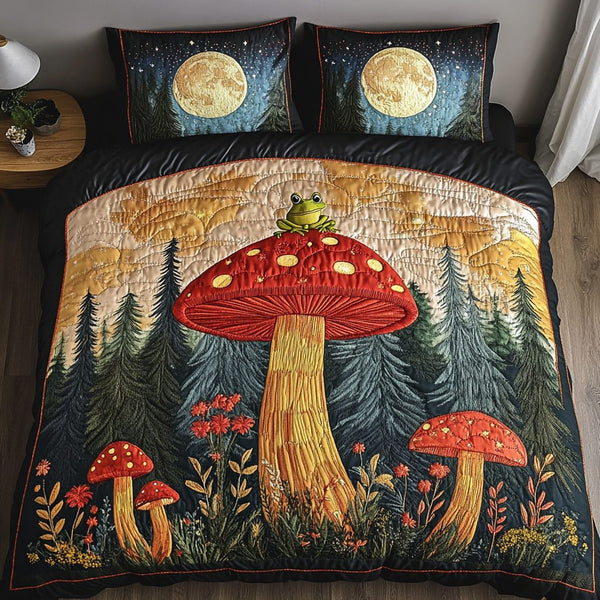 Frog Haven quilted 3-piece bedding set on a made bed with two matching pillow shams