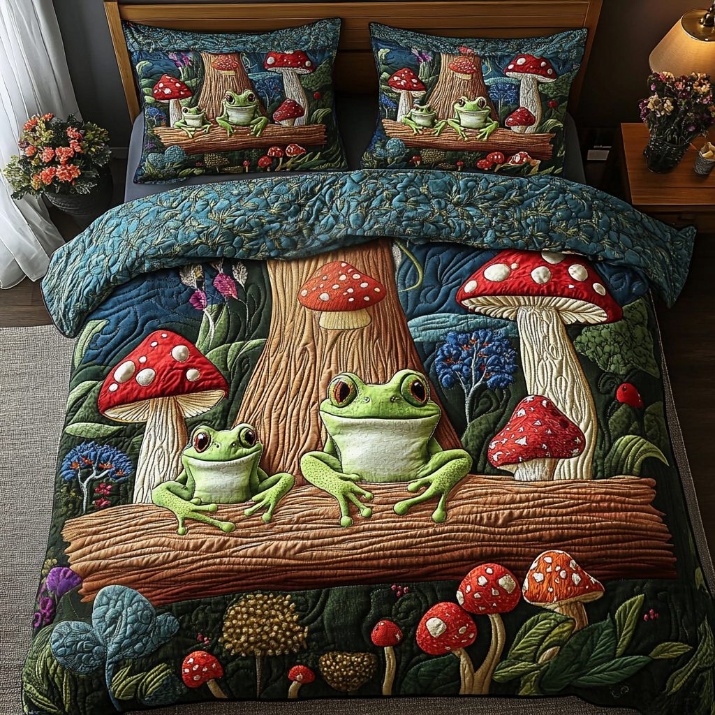 Frog Haven quilted 3-piece bedding set on a made bed with two matching pillow shams