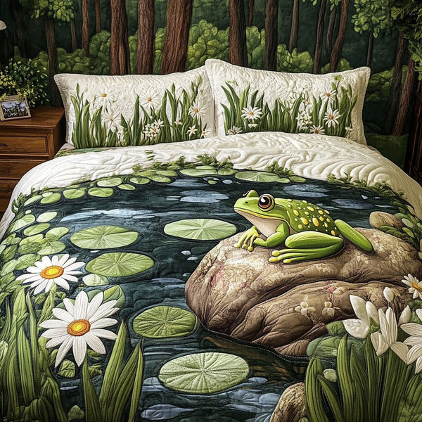 Frog Haven quilted 3-piece bedding set on a made bed with two matching pillow shams
