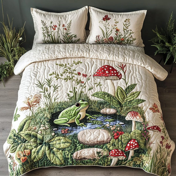 Frog Hollow quilted 3-piece bedding set on a made bed with two matching pillow shams
