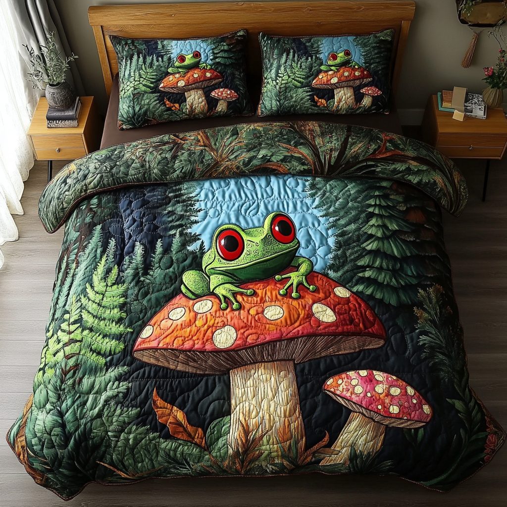 Frog Jump quilted 3-piece bedding set on a made bed with two matching pillow shams
