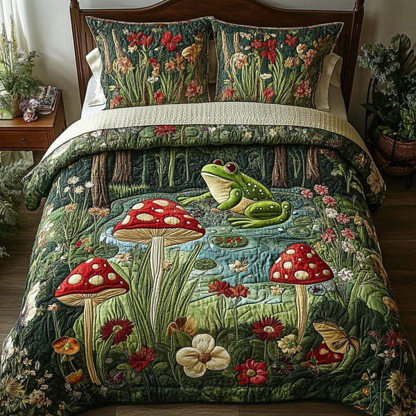 Frog Leap quilted 3-piece bedding set on a made bed with two matching pillow shams