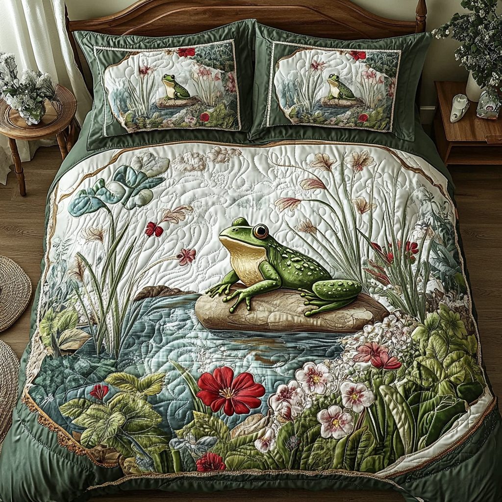 Frog Pond quilted 3-piece bedding set on a made bed with two matching pillow shams
