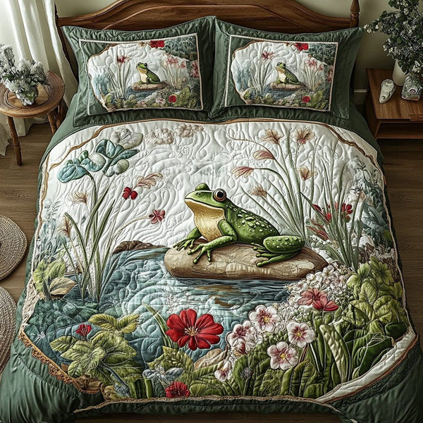 Frog Pond quilted 3-piece bedding set on a made bed with two matching pillow shams