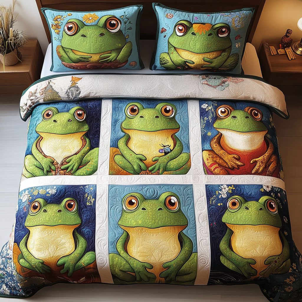Frog Portraits quilted 3-piece bedding set on a made bed with two matching pillow shams