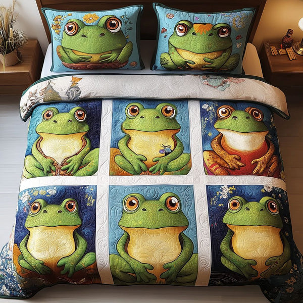 Frog Portraits quilted 3-piece bedding set on a made bed with two matching pillow shams