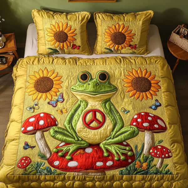 Frog Vibes quilted 3-piece bedding set on a made bed with two matching pillow shams