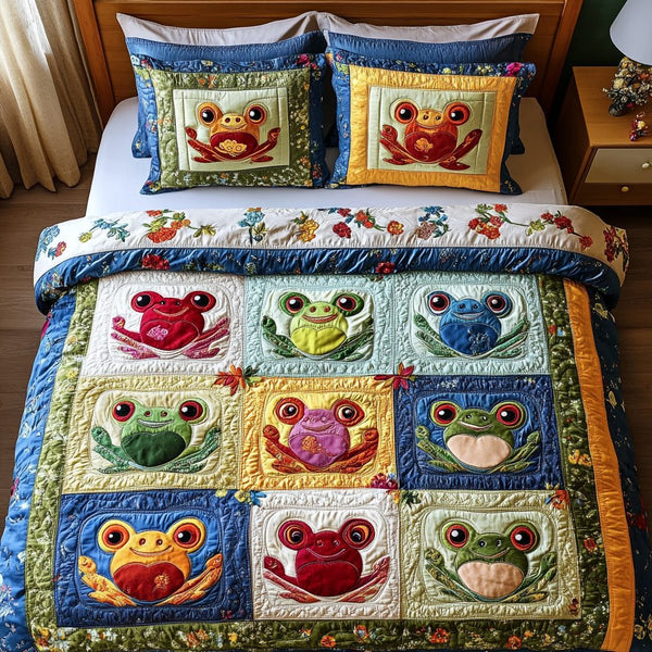 Froggy Bliss quilted 3-piece bedding set on a made bed with two matching pillow shams