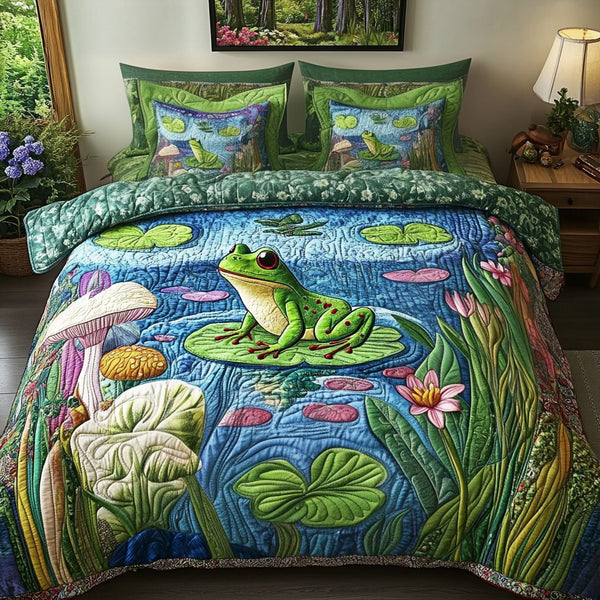 Froggy Dreams quilted 3-piece bedding set on a made bed with two matching pillow shams