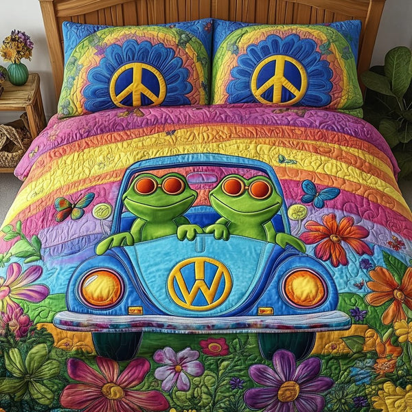 Froggy Journey quilted 3-piece bedding set on a made bed with two matching pillow shams