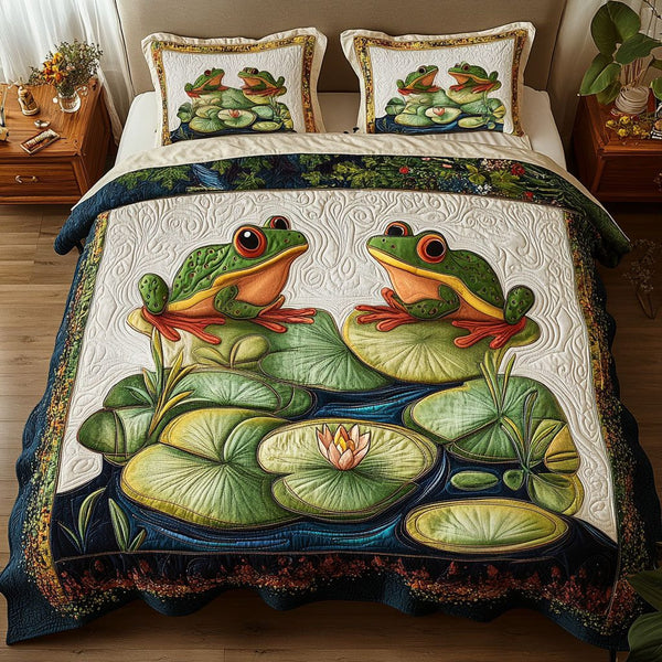 Froggy Wonderland quilted 3-piece bedding set on a made bed with two matching pillow shams
