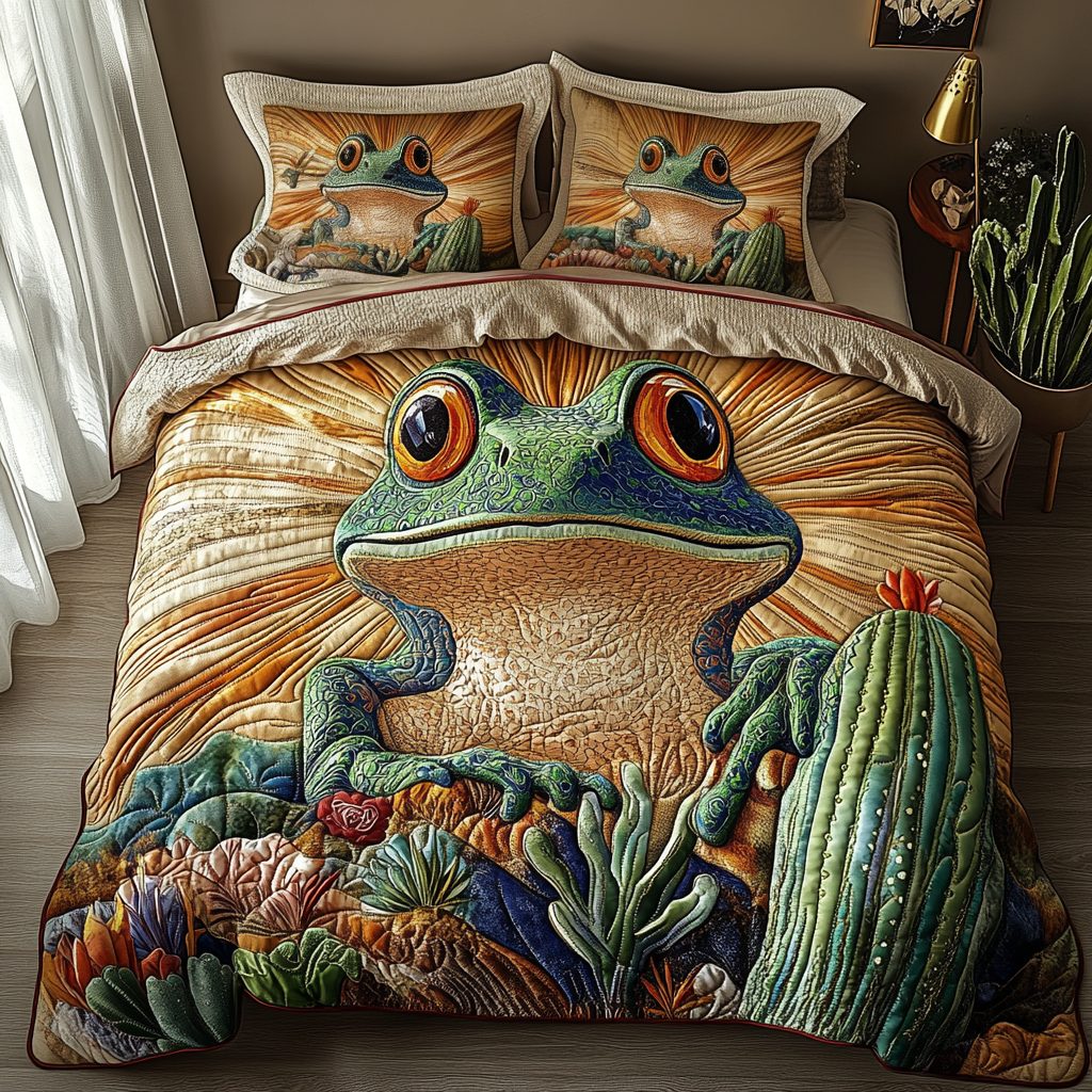 Frogs Cacti quilted 3-piece bedding set on a made bed with two matching pillow shams