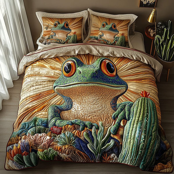 Frogs Cacti quilted 3-piece bedding set on a made bed with two matching pillow shams