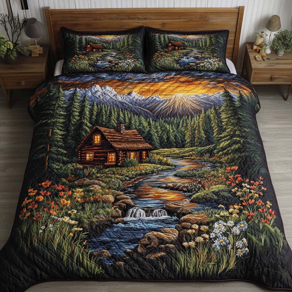 Front Porch Calm quilted 3-piece bedding set on a made bed with two matching pillow shams