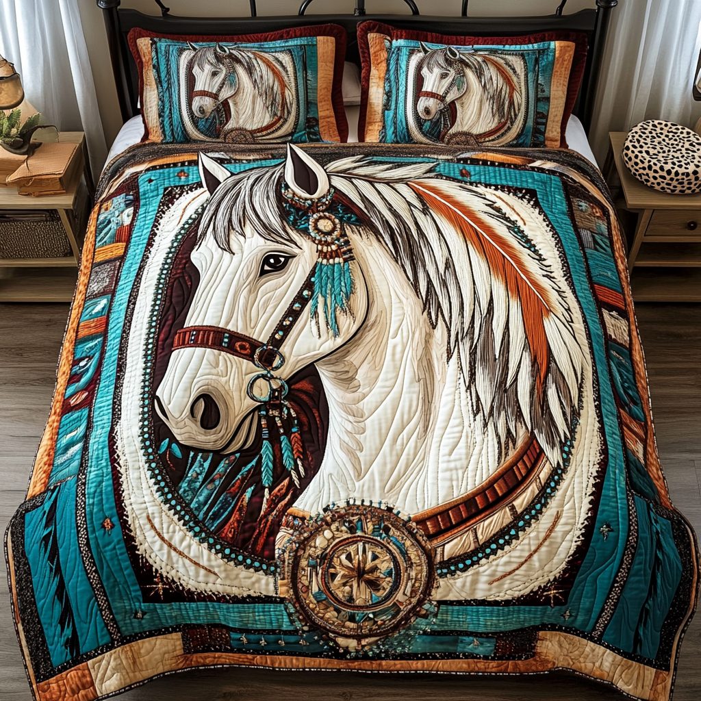 Frontier Beauty quilted 3-piece bedding set on a made bed in a rustic timber bedroom