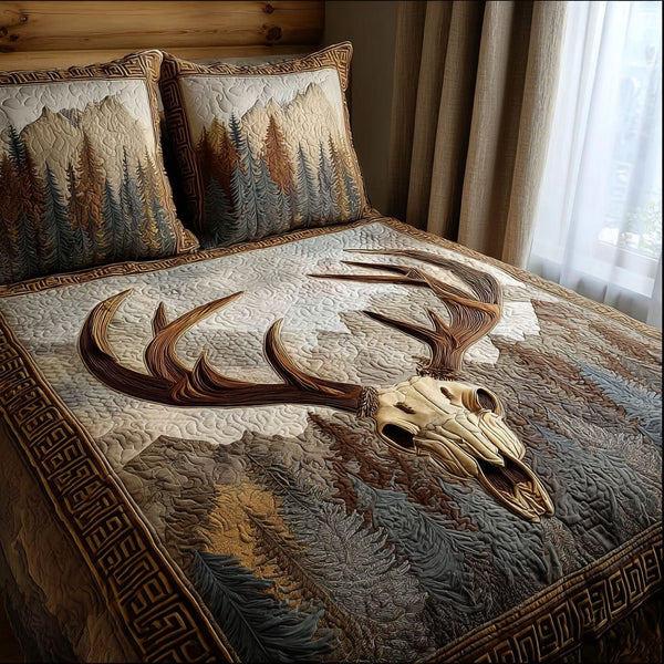 Frontier Calm quilted 3-piece bedding set on a made bed in a rustic timber bedroom