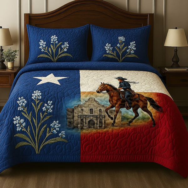 Frontier Heritage quilted 3-piece bedding set on a made bed in a rustic timber bedroom