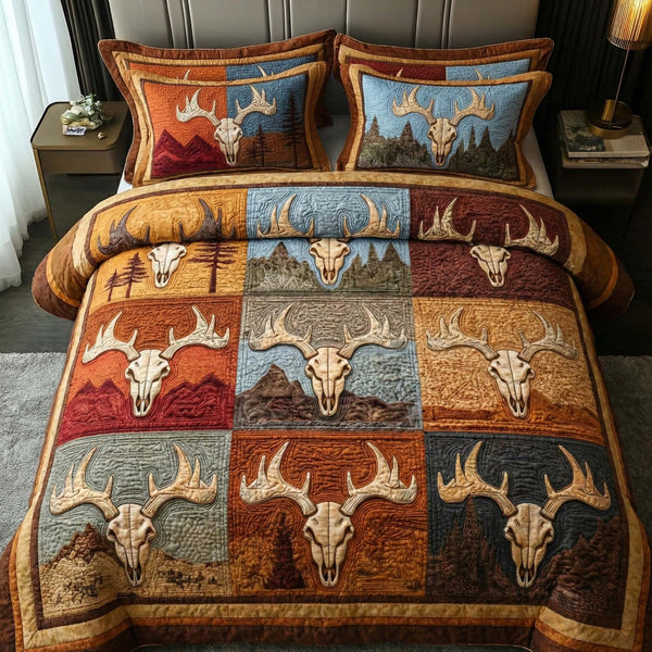 Frontier Patchwork quilted 3-piece bedding set on a made bed in a rustic timber bedroom