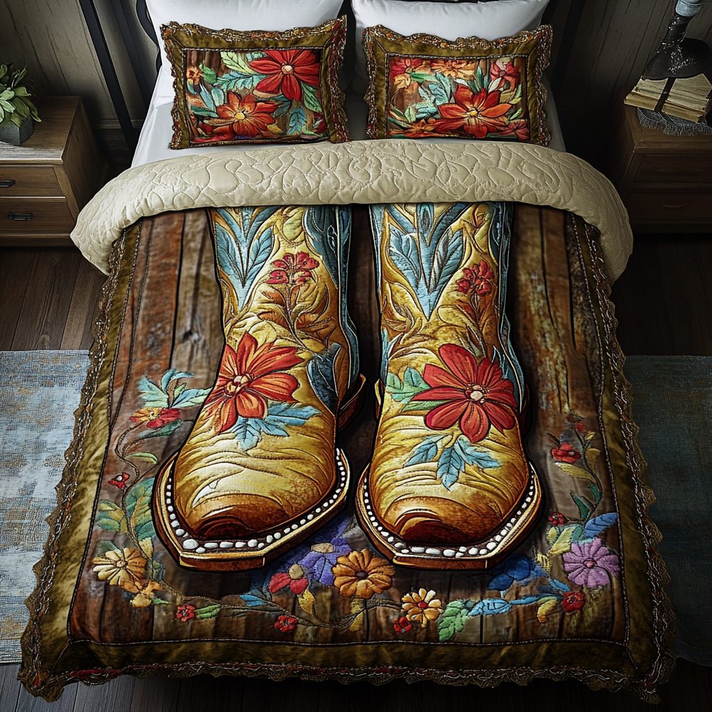 Frontier Soul quilted 3-piece bedding set on a made bed in a rustic timber bedroom