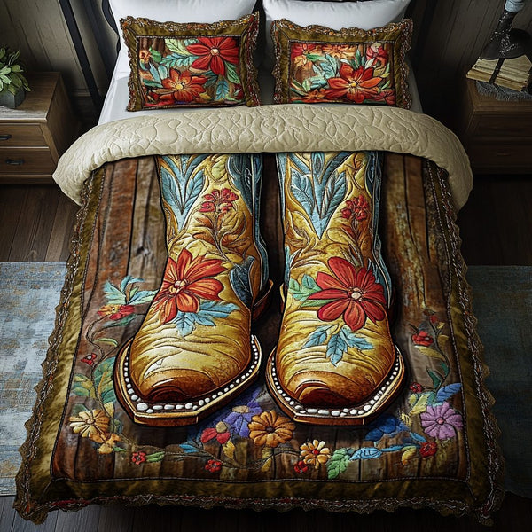 Frontier Soul quilted 3-piece bedding set on a made bed in a rustic timber bedroom
