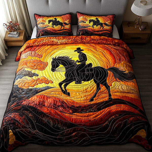 Frontier Spirit quilted 3-piece bedding set on a made bed in a rustic timber bedroom