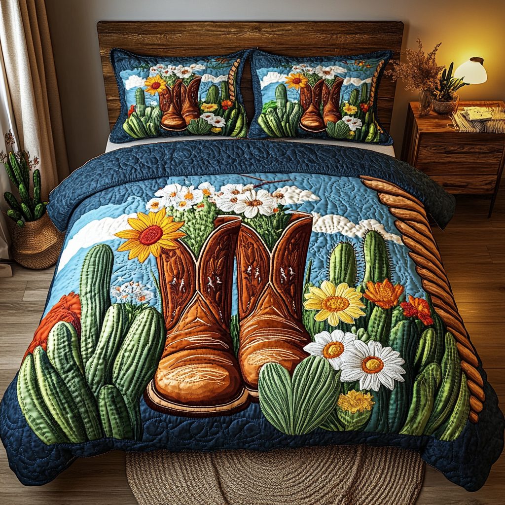 Frontier Spirit quilted 3-piece bedding set on a made bed in a rustic timber bedroom