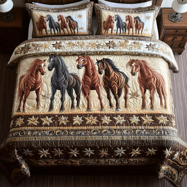 Frontier Steeds quilted 3-piece bedding set on a made bed in a rustic timber bedroom