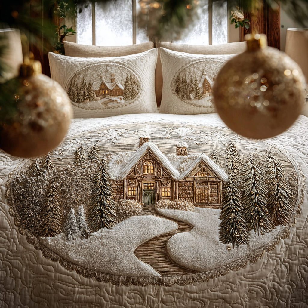 Frost And Pine quilted 3-piece bedding set on a made bed in a winter-styled bedroom
