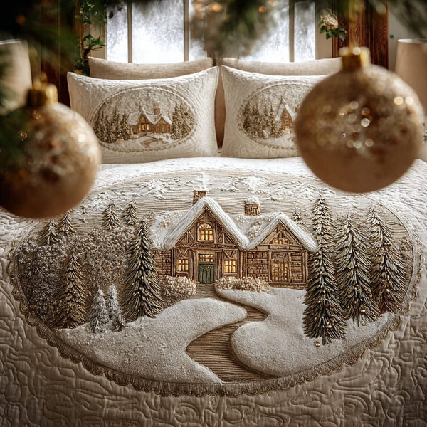 Frost And Pine quilted 3-piece bedding set on a made bed in a winter-styled bedroom