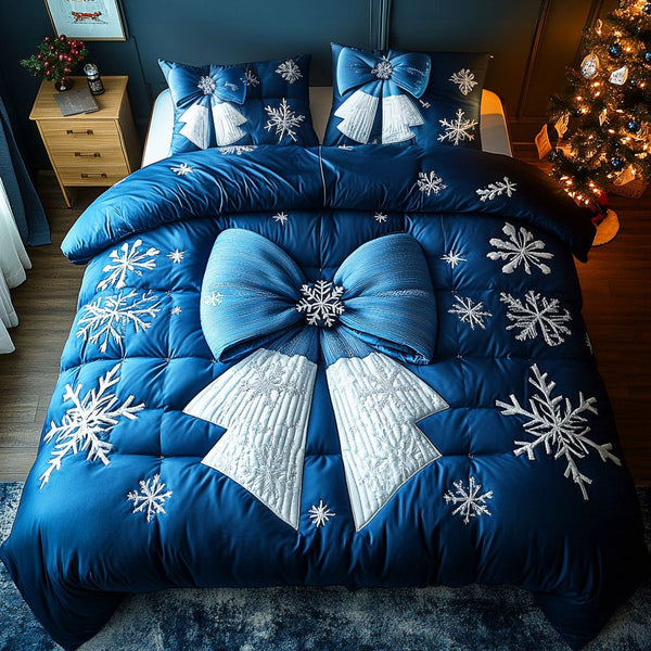 Frost Bow quilted 3-piece bedding set on a made bed in a winter-styled bedroom