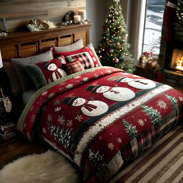 Frost Charm quilted 3-piece bedding set on a made bed in a winter-styled bedroom