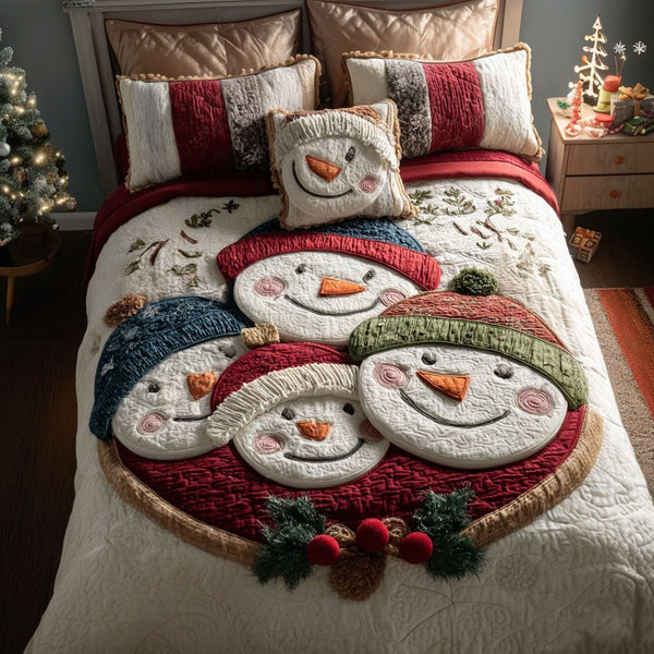 Frost Circle quilted 3-piece bedding set on a made bed in a winter-styled bedroom