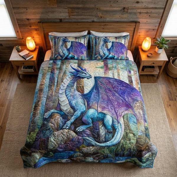 Frost Dragon quilted 3-piece bedding set on a made bed in a winter-styled bedroom