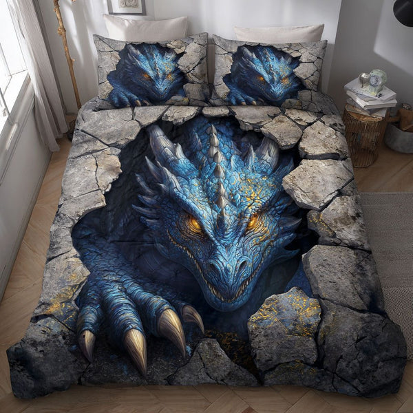 Frost Fang quilted 3-piece bedding set on a made bed in a winter-styled bedroom