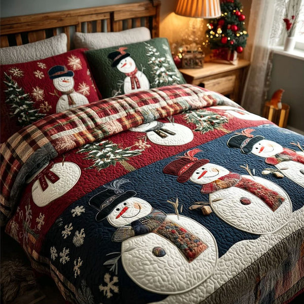Frost Forest quilted 3-piece bedding set on a made bed in a winter-styled bedroom