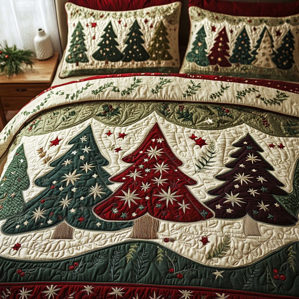 Frost Garden quilted 3-piece bedding set on a made bed in a winter-styled bedroom