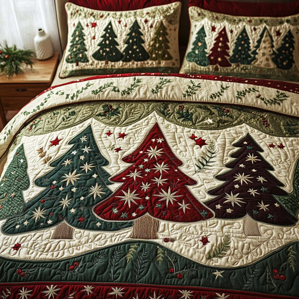 Frost Garden quilted 3-piece bedding set on a made bed in a winter-styled bedroom