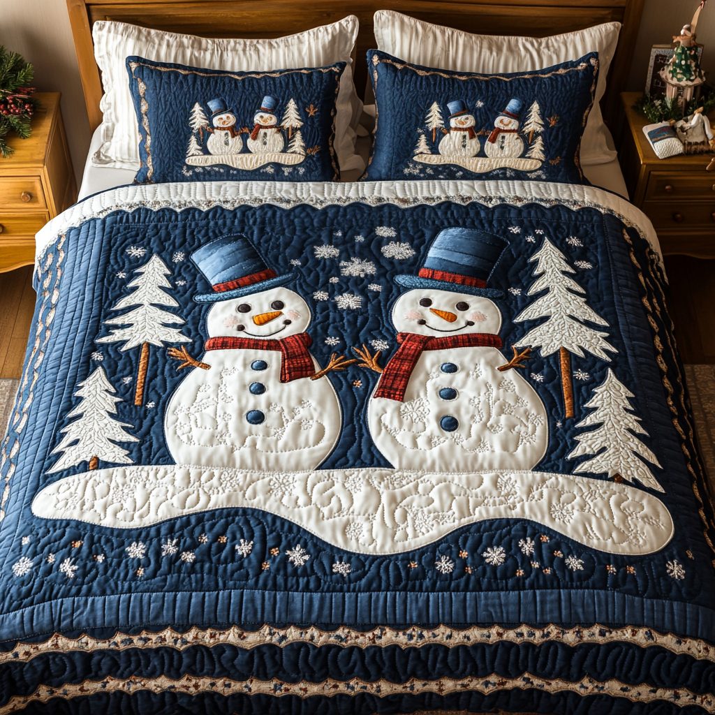 Frost Glow quilted 3-piece bedding set on a made bed in a winter-styled bedroom