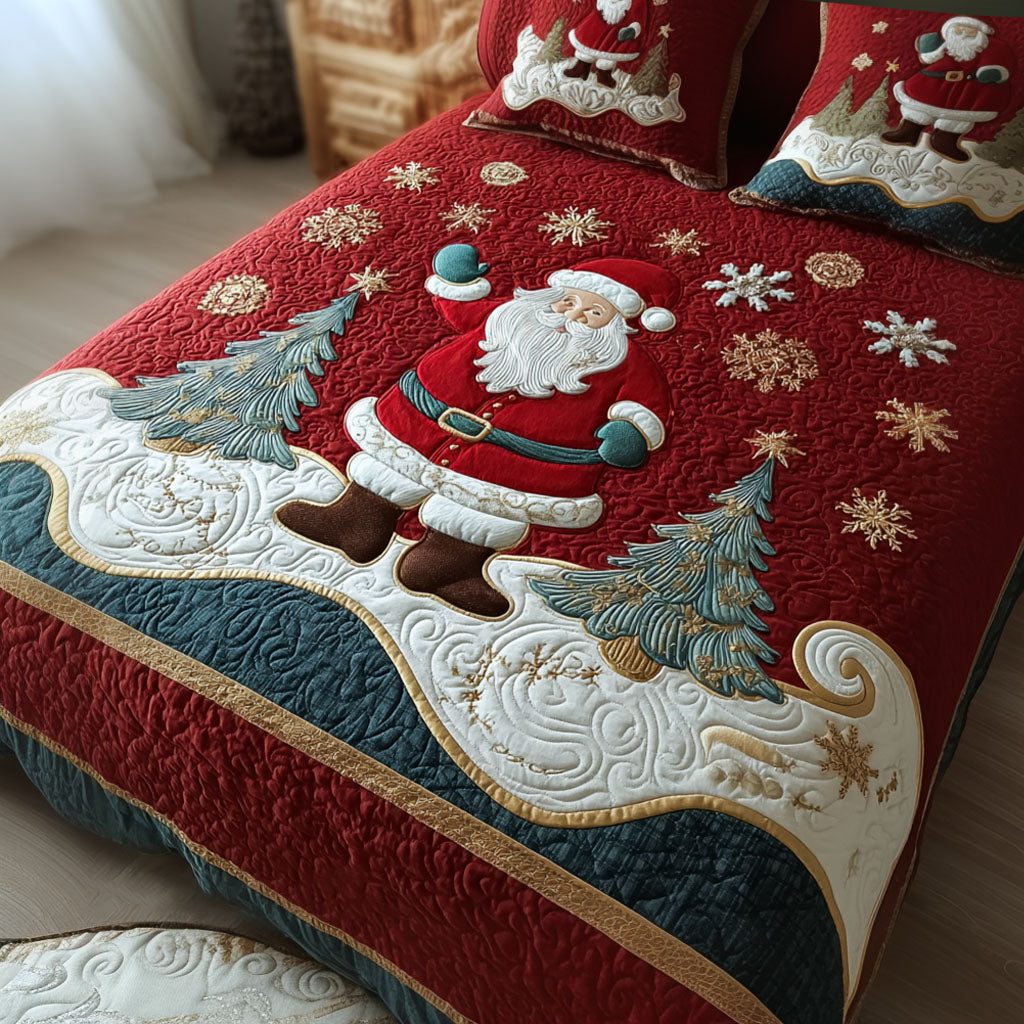 Frost-Kissed Dreams quilted 3-piece bedding set on a made bed in a winter-styled bedroom