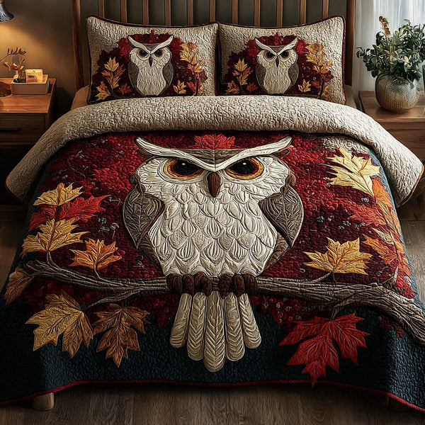 Frost Owl quilted 3-piece bedding set on a made bed in a winter-styled bedroom